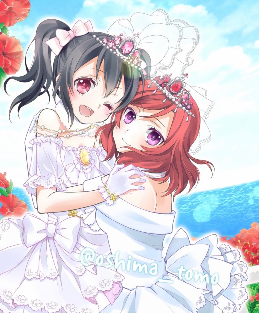 2girls bare_shoulders black_hair blue_sky breasts cloud commentary_request day dress female_focus flower gloves hand_on_another&#039;s_shoulder highres hug looking_at_viewer love_live! love_live!_school_idol_project medium_breasts medium_hair multiple_girls nishikino_maki ocean off-shoulder_dress off_shoulder one_eye_closed ooshima_tomo open_mouth outdoors purple_dress purple_eyes red_eyes red_flower red_hair sky smile tiara twintails twitter_username wedding_dress white_dress white_gloves wife_and_wife wink yazawa_nico yuri