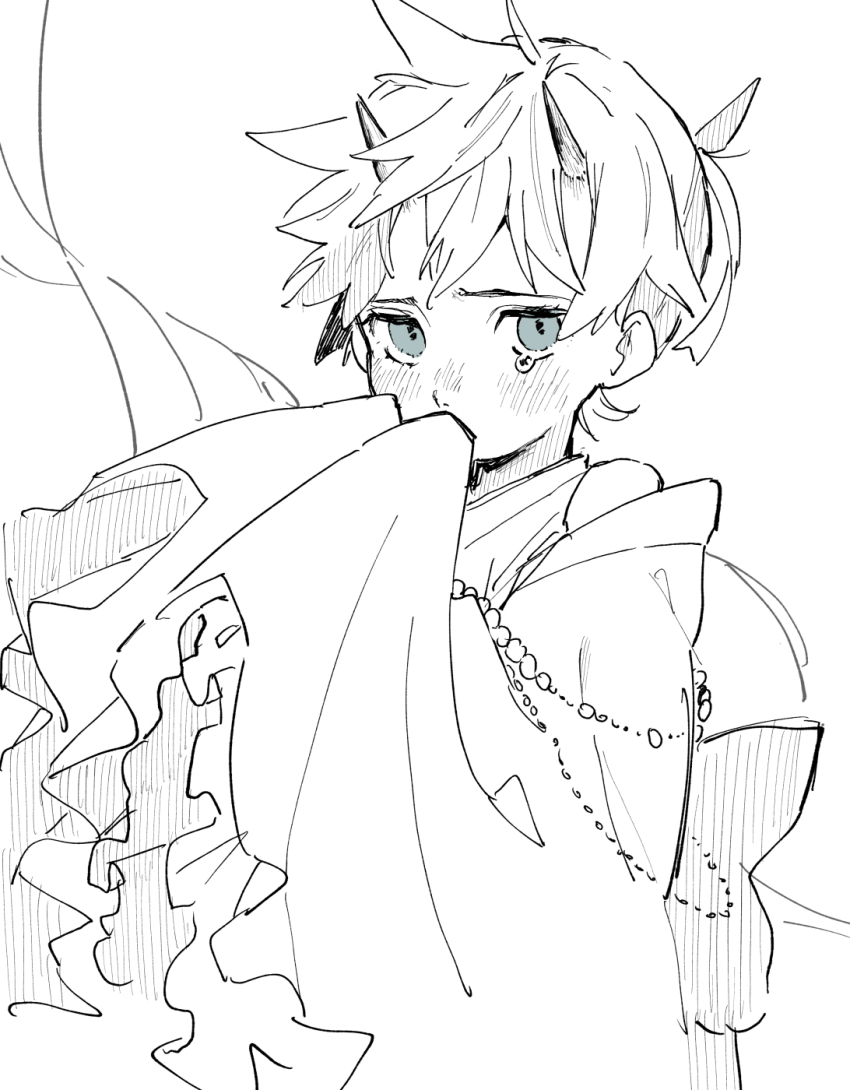 1boy ahoge asymmetrical_hair back_bow beads blue_eyes blush bow covering_own_mouth cowboy_shot crossdressing frilled_sleeves frills greyscale highres japanese_clothes kagamine_len kimono kouhara_yuyu long_sleeves looking_at_viewer messy_hair monochrome short_hair simple_background sleeves_past_fingers sleeves_past_wrists solo spot_color standing tearing_up vocaloid white_background wide_sleeves yukata