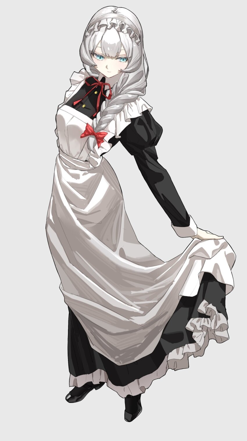 1girl alternate_costume apron black_dress black_shoes blue_eyes bow braid breasts dress enmaided frilled_apron frills full_body grey_background grey_hair hair_bow hair_ornament hair_over_shoulder headdress highres juliet_sleeves long_hair long_sleeves looking_at_viewer maid maid_apron maid_headdress original puffy_sleeves sawatani_(_swt2) shoes simple_background single_braid skirt_hold smile solo standing white_apron white_background white_hair