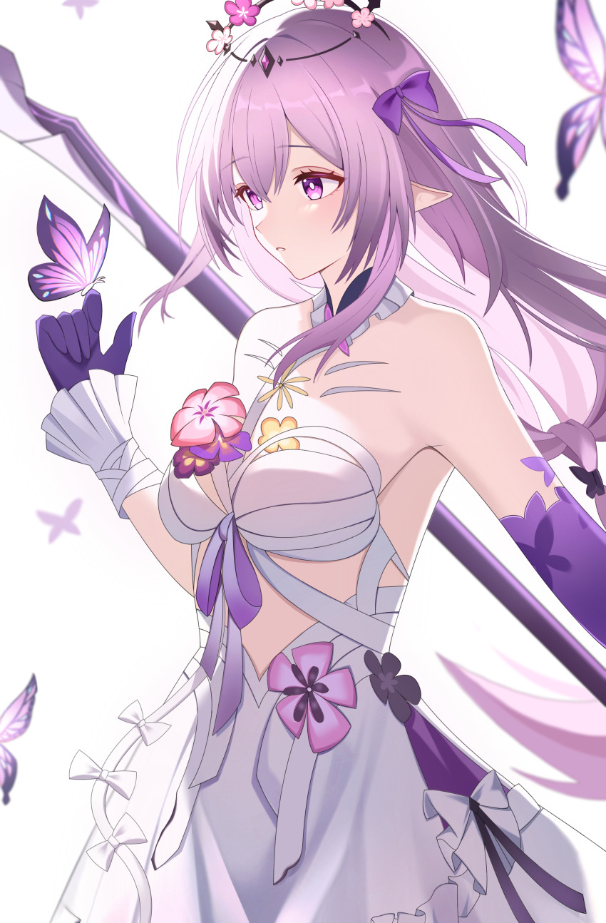 1girl absurdres asymmetrical_gloves bare_shoulders bow breasts bug butterfly butterfly_on_hand castorice_(honkai:_star_rail) commentary cowboy_shot dress elbow_gloves gloves hair_bow hand_up highres holding honkai:_star_rail honkai_(series) insect kenomotsu_yukuwa large_breasts long_hair looking_at_animal parted_lips pointy_ears purple_bow purple_butterfly purple_eyes purple_gloves purple_hair simple_background single_elbow_glove solo uneven_gloves very_long_hair white_background white_dress