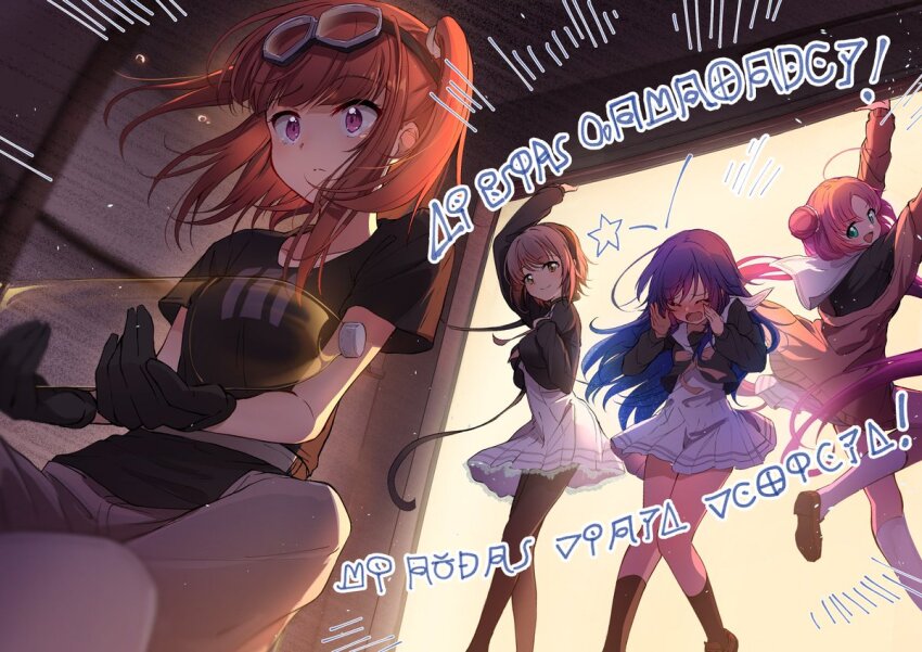 4girls ahoge akeuchi_yuu aqua_eyes arm_up black_gloves black_pantyhose black_ribbon black_shirt black_socks blonde_hair blue_hair blunt_bangs blush bottle brown_footwear cardigan closed_eyes closed_mouth crying double_bun dress fujinomisaki_school_uniform gloves goggles goggles_on_head grey_pants hair_bun hair_ribbon hand_up hands_up holding holding_bottle hoshikuzu_telepath indoors kneehighs konohoshi_umika kootee-on loafers long_hair long_sleeves looking_at_viewer medium_hair multiple_girls neck_ribbon off_shoulder open_mouth orange_eyes orange_hair pants pantyhose pink_cardigan pink_ribbon plastic_bottle pleated_dress purple_eyes purple_hair raimon_matataki ribbon sailor_collar sailor_shirt school_uniform screaming shirt shoes short_dress short_hair short_sleeves sitting smile socks standing t-shirt takaragi_haruno tears twintails two_side_up very_long_hair white_dress white_socks