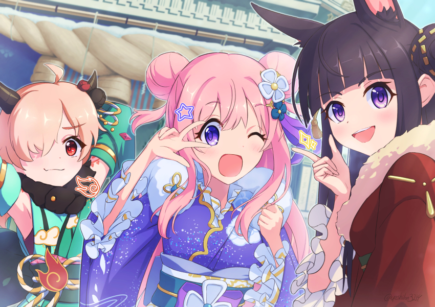 3girls absurdres alternate_costume alternate_hairstyle animal_ears arms_up black_hair closed_mouth commentary_request detached_sleeves dog_ears double_bun dragon_horns hair_bun hair_ornament hatsune_(new_year)_(princess_connect!) hatsune_(princess_connect!) highres horns inori_(new_year)_(princess_connect!) inori_(princess_connect!) japanese_clothes kasumi_(new_year)_(princess_connect!) kasumi_(princess_connect!) kimono light_brown_hair looking_at_viewer multiple_girls new_year one_eye_closed open_mouth pink_hair princess_connect! purple_eyes red_eyes shrine upsilon3219