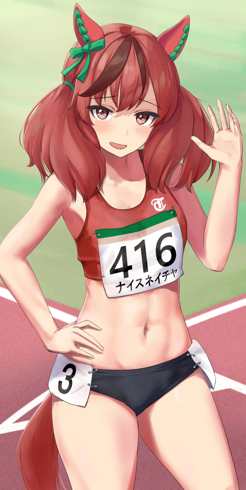 1girl absurdres animal_ears armpits bare_shoulders black_buruma bow breasts brown_hair buruma commentary cowboy_shot day ear_bow ear_covers grass green_bow hand_on_own_hip highres horse_ears horse_girl horse_tail medium_hair miyama_mizuki_(hoshihoshi1220) multicolored_hair navel nice_nature_(umamusume) open_mouth outdoors racing red_hair red_sports_bra running_track small_breasts smile solo sports_bra stomach streaked_hair tail translated twintails umamusume waving