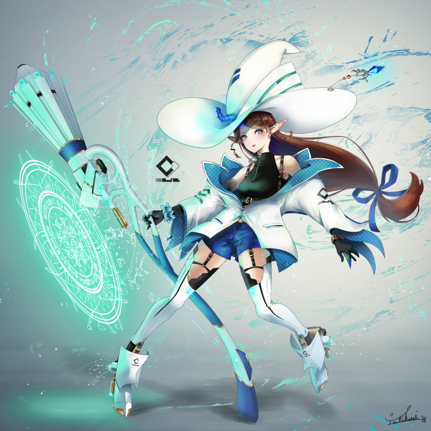 absurdres black_gloves breasts brown_hair coat dress garter_belt gloves hair_ribbon hat hat_ornament high_heels highres holding holding_wand jewelry long_hair low-tied_long_hair magic magic_circle off_shoulder original parted_bangs partially_unbuttoned pointy_ears ribbon scrunchie shorts sleeveless sleeveless_dress small_breasts thighhighs turtleneck very_long_hair wand white_coat white_hat witch_hat wrist_scrunchie yurakusai