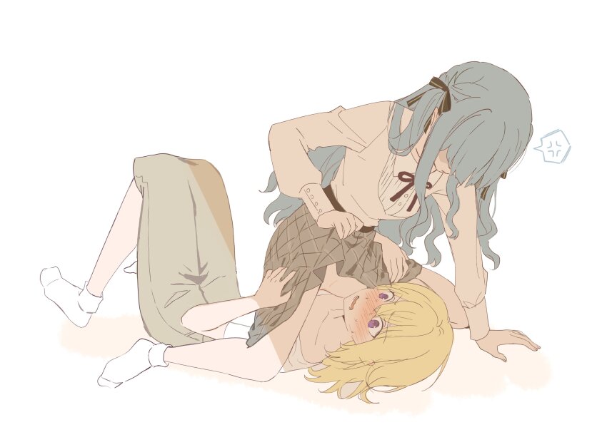 2girls absurdres anger_vein bang_dream! bang_dream!_it&#039;s_mygo!!!!! black_ribbon blonde_hair blush brown_skirt grey_skirt hair_ribbon highres long_hair medium_hair misumi_uika multiple_girls nervous_sweating no_shoes open_mouth purple_eyes ribbon shirt sidelocks simple_background skirt socks spoken_anger_vein straddling sweat togawa_sakiko usamin_(megumikira) white_background white_shirt white_socks yuri