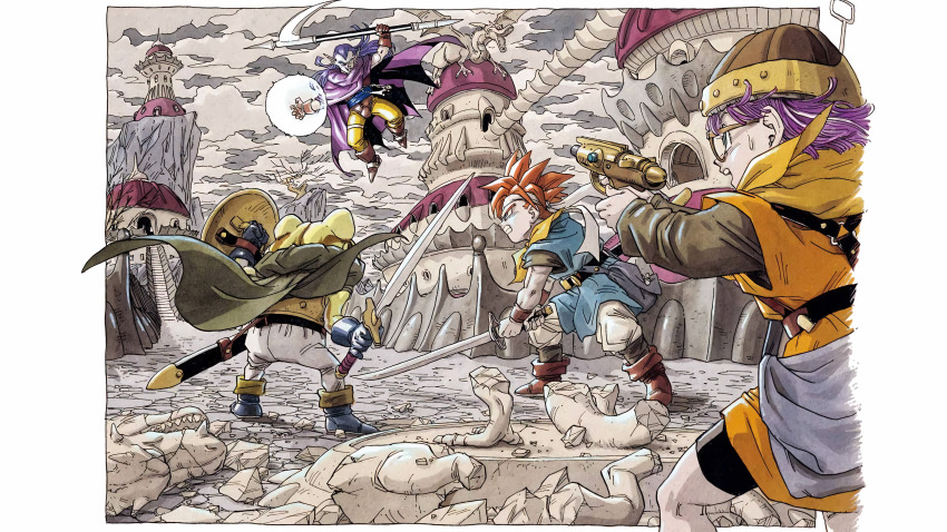 1girl 3boys absurdres baggy_pants blue_tunic boots brown_boots cape chrono_trigger crono_(chrono_trigger) frog_(chrono_trigger) frog_boy glasses green_cape gun handgun highres holding holding_gun holding_scythe holding_shield holding_sword holding_weapon lucca_ashtear magus_(chrono_trigger) multiple_boys non-web_source official_art orange_tunic pants pointy_ears purple_cape purple_hair red_hair scythe shield spiked_hair sword toriyama_akira tunic weapon white_pants