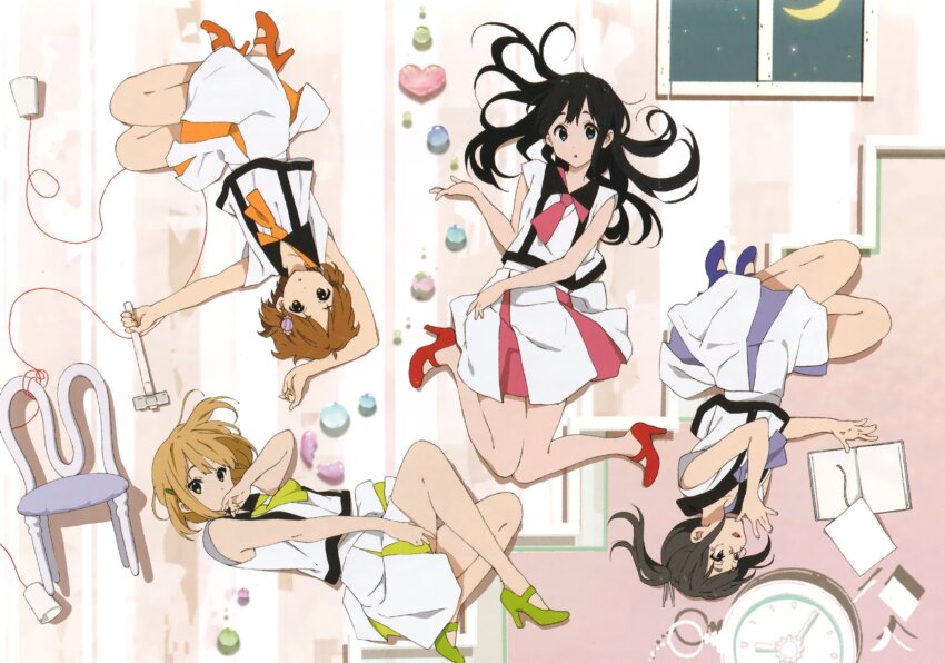 4girls asagiri_shiori black_hair blonde_hair book brown_hair chair floating floating_hair high_heels highres horiguchi_yukiko kitashirakawa_tamako long_hair makino_kanna multiple_girls official_art scan short_hair tamako_market third-party_source tokiwa_midori