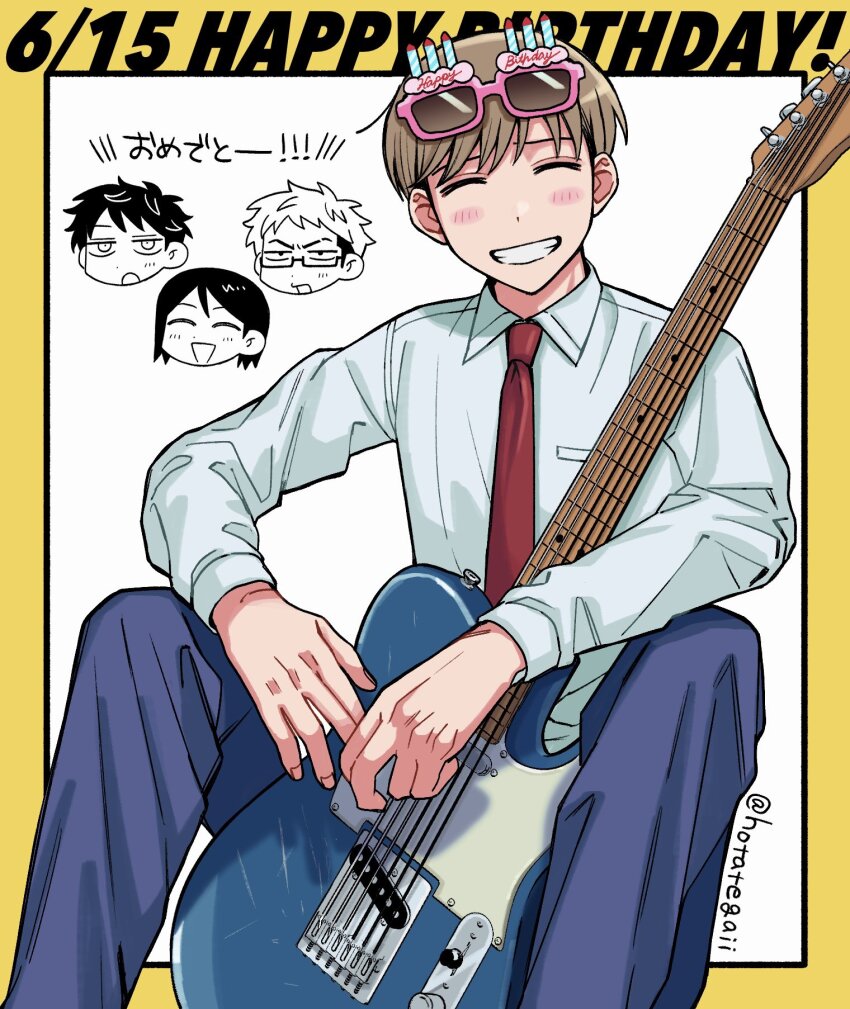 4boys ^_^ blue_pants blush chibi chibi_inset closed_eyes collared_shirt commentary_request dated electric_guitar eyewear_on_head fender_telecaster futsuu_no_keion-bu guitar happy_birthday highres hotategaii instrument long_sleeves mizuo_haruichi multiple_boys necktie pants protocol._(futsuu_no_keion-bu) red_necktie school_uniform shirt smile solo_focus taguchi_ryuuya takami_kouki tohno_gen twitter_username unworn_eyewear white_shirt