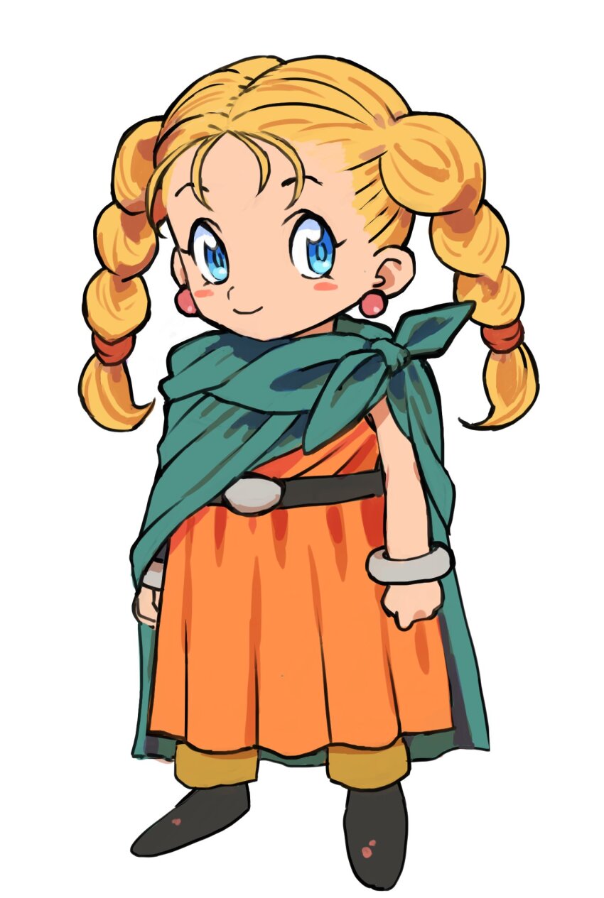 1girl aged_down belt bianca_(dq5) blonde_hair blue_eyes blush boots bracelet braid brown_boots cape child cloak closed_mouth commentary_request dragon_quest dragon_quest_v dress earrings full_body gan2 green_cape green_cloak hair_pulled_back highres jewelry long_hair looking_at_viewer orange_dress smile solo standing twin_braids white_background