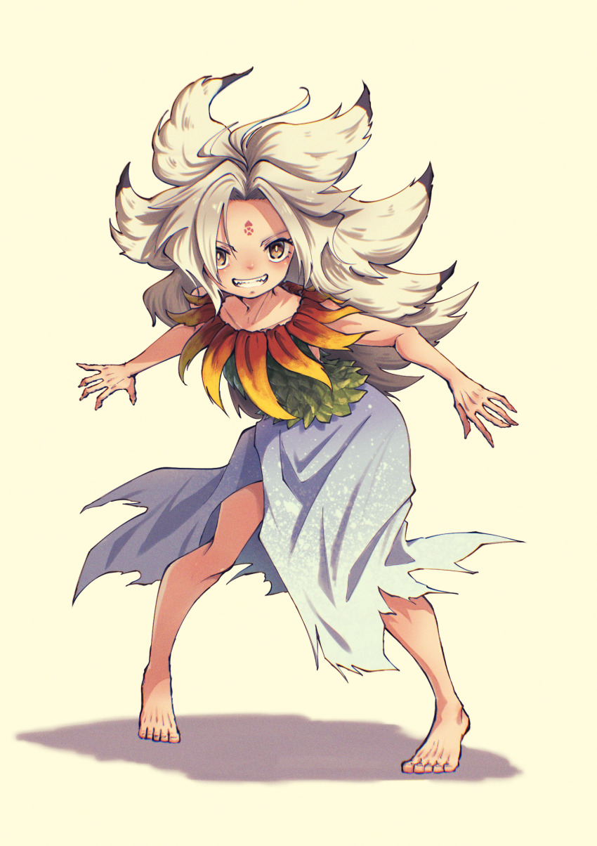 1girl bare_shoulders barefoot blue_skirt facial_mark forehead_mark full_body green_shirt grin highres houjuu_chimi long_hair looking_at_viewer sharp_teeth shirt skirt smile solo suteruko teeth touhou white_background white_hair yellow_eyes