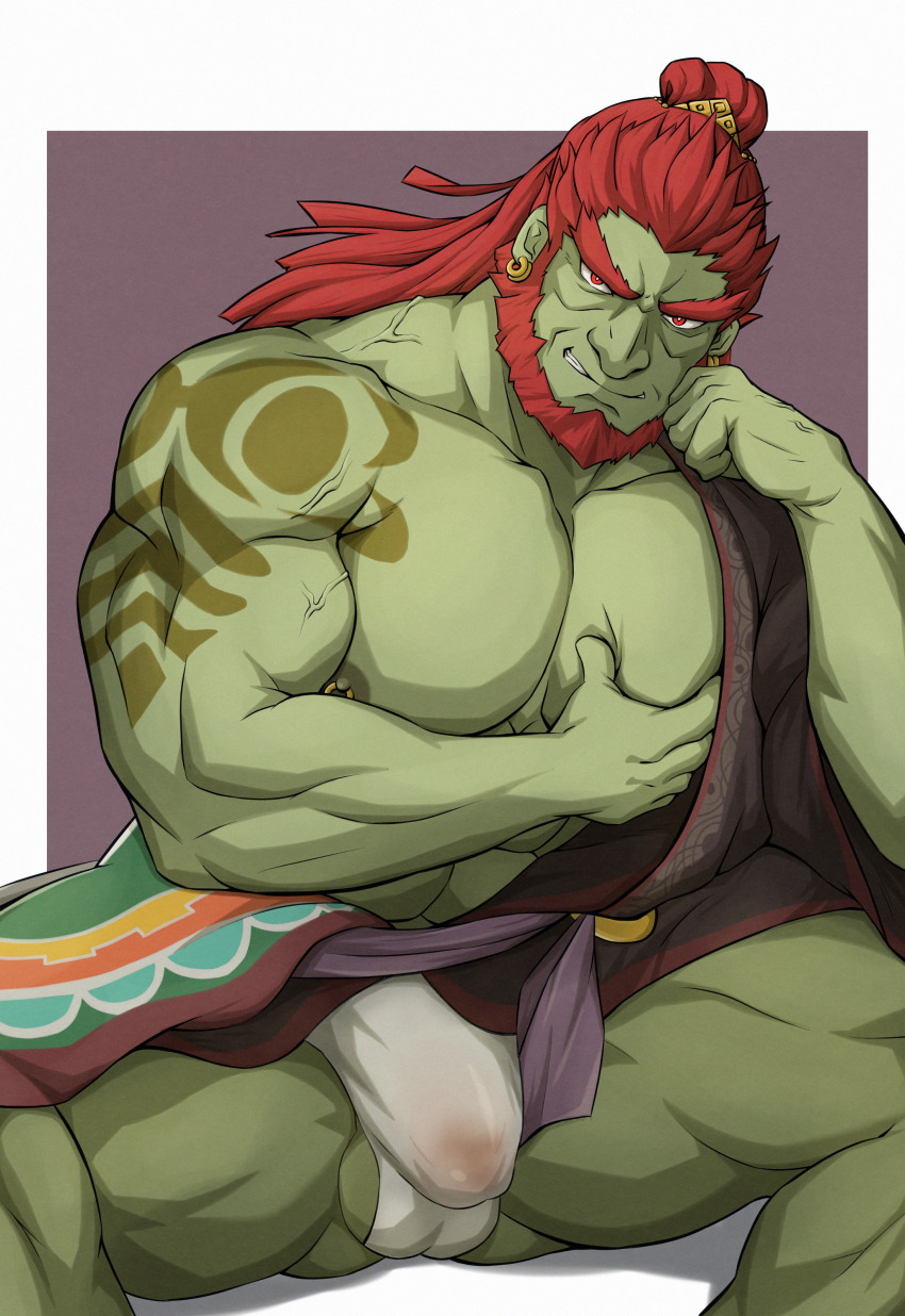 1boy absurdres bara beard black_kimono bright_pupils collarbone colored_skin earrings facial_hair forked_eyebrows ganondorf gerudo gluteal_fold grabbing_own_pectoral green_skin hadanugi_dousa head_rest highres japanese_clothes jewelry kareraisu kimono large_pectorals long_hair male_focus male_underwear mature_male muscular muscular_male naughty_face nintendo nipple_piercing nipple_rings open_clothes open_kimono pectorals piercing red_eyes red_facial_hair red_hair shoulder_tattoo simple_background smile solo tattoo the_legend_of_zelda the_legend_of_zelda:_tears_of_the_kingdom thick_eyebrows thick_thighs thighs underwear v-shaped_eyebrows veins veiny_arms white_male_underwear white_pupils