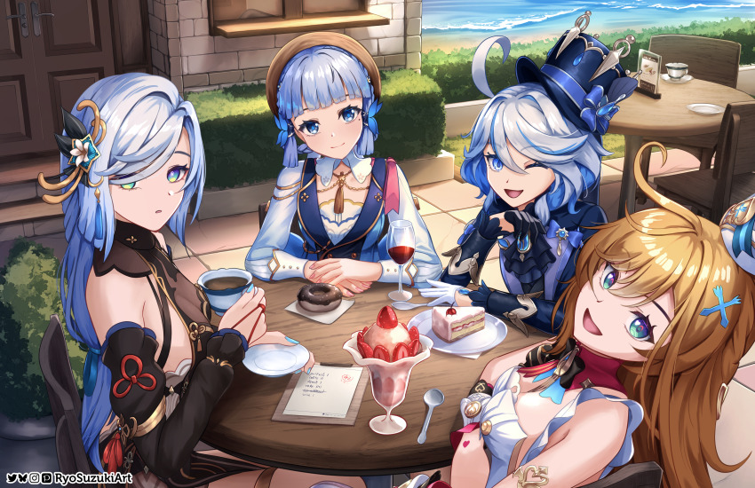 4girls absurdres ahoge artist_name ascot asymmetrical_gloves ayaka_(genshin_impact) black_bow black_bowtie black_gloves black_sleeves blonde_hair blue_ascot blue_eyes blue_gemstone blue_hair blue_nails blue_pupils bluesky_logo blunt_tresses bow bowtie breasts butterfly_hair_ornament cake cake_slice cleavage closed_mouth commentary commentary_request cup day detached_sleeves donut drop-shaped_pupils english_commentary escoffier_(genshin_impact) fingernails food fruit furina_(genshin_impact) gem genshin_impact gloves grey_hair hair_between_eyes hair_ornament hair_over_one_eye heart heart_in_eye highres holding holding_cup holding_saucer instagram_logo kamisato_ayaka kamisato_ayaka_(springbloom_missive) long_hair long_sleeves looking_at_viewer medium_breasts medium_hair mismatched_gloves mixed-language_commentary multicolored_hair multiple_girls nail_polish official_alternate_costume open_mouth outdoors parfait parted_lips pixiv_logo ryo-suzuki saucer shenhe_(frostflower_dew)_(genshin_impact) shenhe_(genshin_impact) smile spoon strawberry streaked_hair symbol-shaped_pupils symbol_in_eye teacup twitter_logo very_long_hair white_gloves white_hair