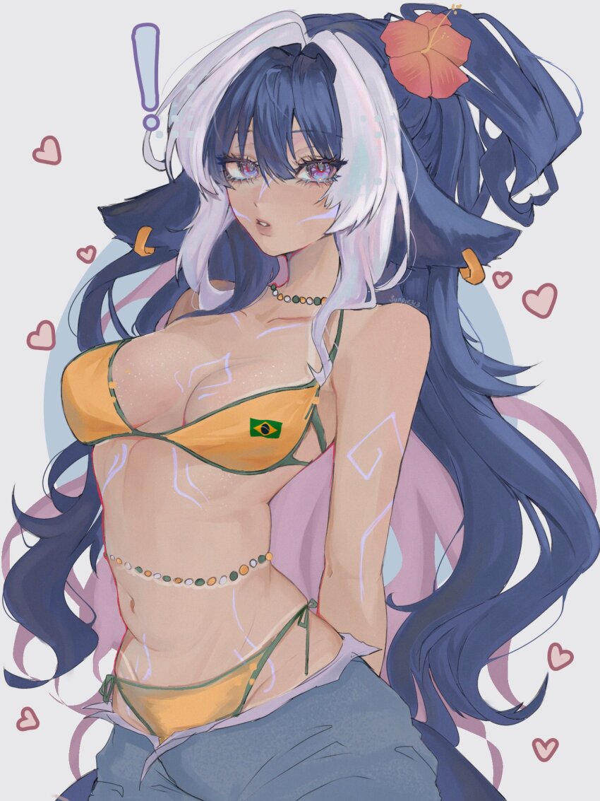 1girl artist_name bikini black_hair body_markings brazilian_flag brazilian_flag_bikini breasts colored_inner_hair earrings eyelashes facial_mark flag_print flag_print_bikini flower hair_flower hair_ornament heart highres indie_virtual_youtuber jewelry long_hair multicolored_hair navel parted_lips pink_hair print_bikini purple_eyes red_flower shylily side-tie_bikini_bottom solo streaked_hair sunpie313 swimsuit virtual_youtuber white_hair yellow_bikini