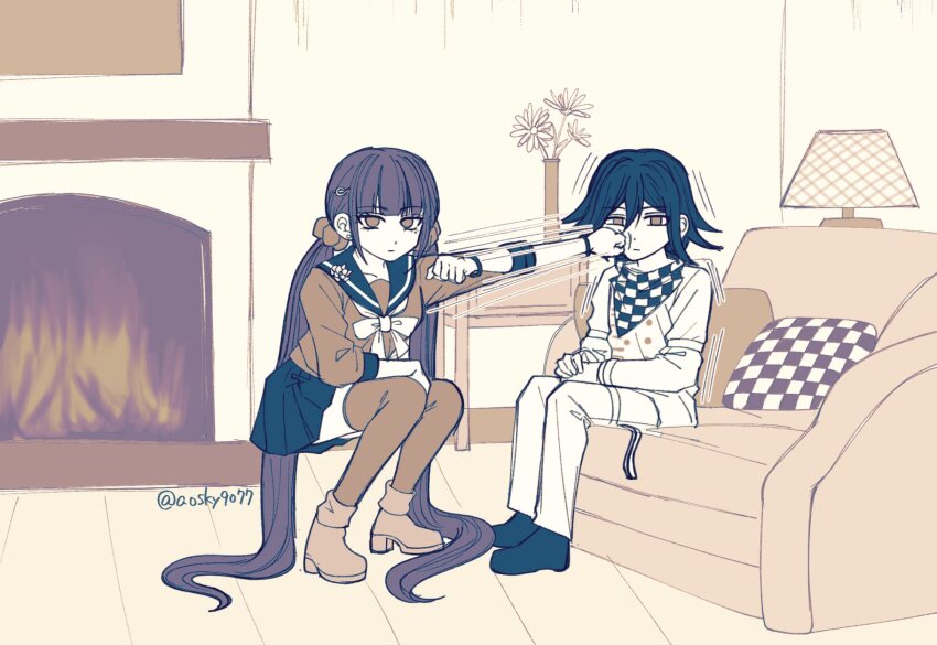 1boy 1girl black_hair black_sailor_collar black_shoes brown_shoes checkered_neckerchief checkered_pillow danganronpa_(series) danganronpa_v3:_killing_harmony expressionless hair_ornament hairclip harukawa_maki highres indoors jacket miniskirt neckerchief oma_kokichi pants pleated_skirt punching red_scrunchie red_thighhighs sailor_collar satori_(aosky9077) scrunchie shoes sitting skirt thighhighs white_jacket white_pants