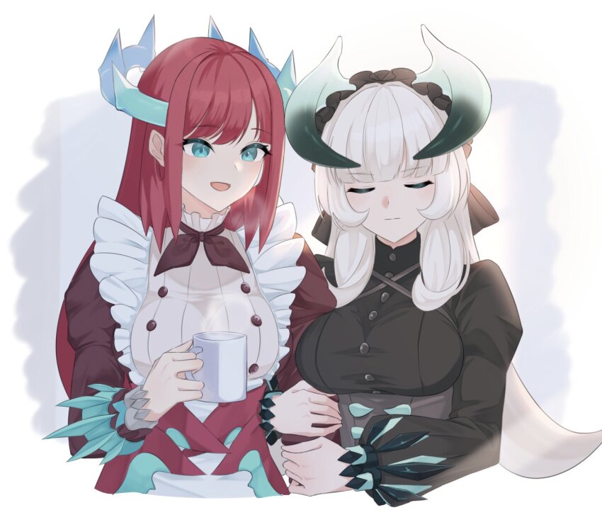 2girls apron blush breasts buttons chamber_dragonmaid closed_eyes closed_mouth cup dragon_horns dragon_wings duel_monster frilled_apron frills green_eyes hand_on_another&#039;s_arm heichi highres holding holding_another&#039;s_arm holding_cup horns hug kitchen_dragonmaid large_breasts long_hair long_sleeves maid maid_headdress multiple_girls open_mouth puffy_long_sleeves puffy_sleeves red_hair simple_background smile upper_body white_hair wings yu-gi-oh! yuri