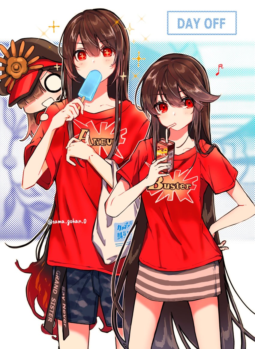 1boy 2girls :d black_headwear black_shorts blouse brother_and_sister brown_hair clothes_writing drinking eating fate/grand_order fate_(series) food food_in_mouth hat highres long_hair looking_at_viewer multiple_girls musical_note o_o oda_nobukatsu_(fate) oda_nobunaga_(fate) oda_nobunaga_(koha-ace) oda_nobunaga_(swimsuit_berserker)_(fate) oda_nobunaga_(swimsuit_berserker)_(first_ascension)_(fate) open_mouth peaked_cap popsicle popsicle_in_mouth red_eyes red_shirt shirt short_sleeves shorts siblings skirt smile standing star_(symbol) striped_clothes striped_skirt twitter_username very_long_hair yui_(tamagohan)