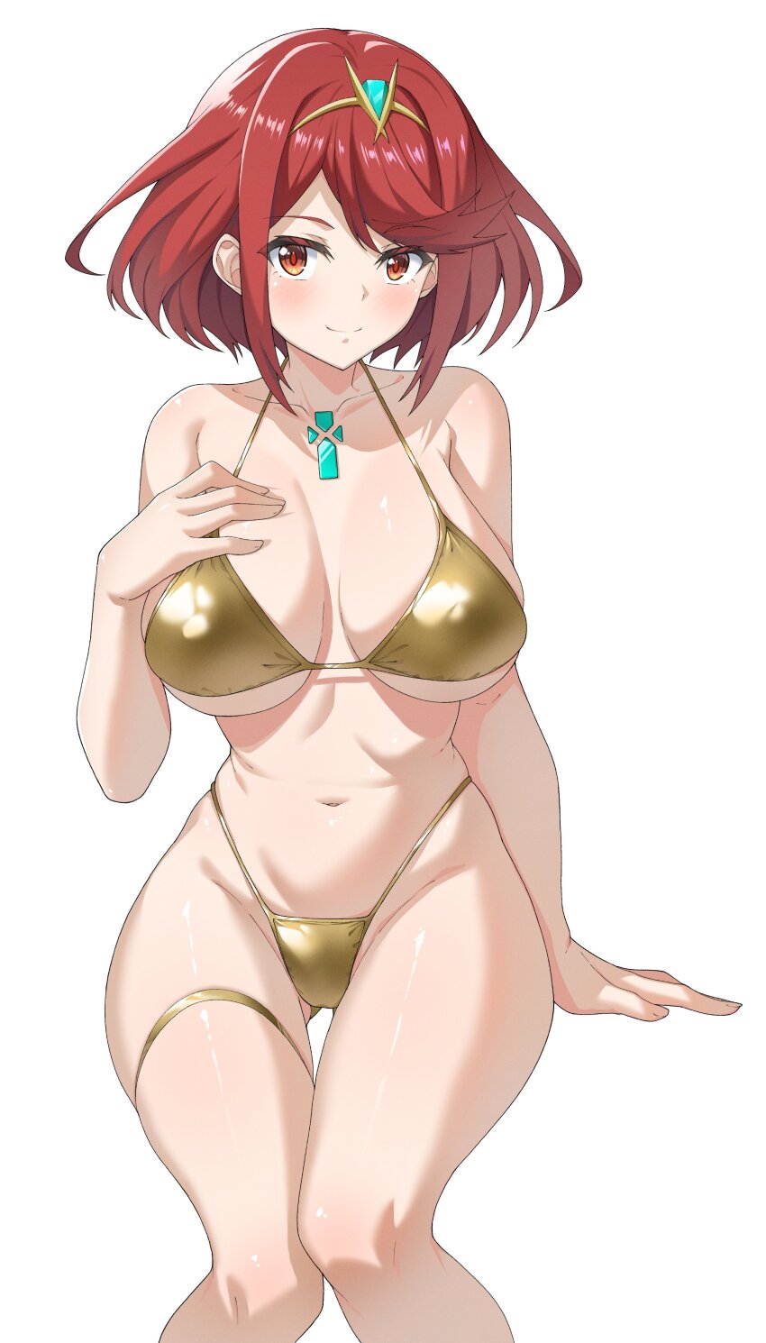 1girl absurdres back bare_shoulders bikini blush bob_cut breasts chest_jewel cleavage closed_mouth collarbone commentary cowboy_shot curvy earrings english_commentary engrish_commentary gold_bikini highleg highleg_bikini highres jewelry large_breasts looking_at_viewer mzrz navel pyra_(xenoblade) red_eyes red_hair short_hair sideboob simple_background skindentation smile solo string_bikini swept_bangs swimsuit thick_thighs thigh_strap thighs thong thong_bikini tiara white_background xenoblade_chronicles_(series) xenoblade_chronicles_2 yellow_eyes