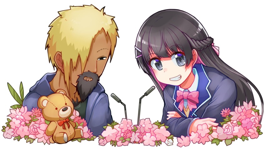 1boy 1girl arce_luna_0031 beard black_eyes black_facial_hair black_hair blonde_hair blue_jacket bow bowtie braid chest_hair colored_inner_hair connected_beard cropped_torso crossed_arms dark_skin facial_hair flower grey_eyes grin hair_ornament hair_over_one_eye hair_ribbon hairpin half_up_braid highres jacket leaning_forward long_hair long_kantoraketti looking_at_viewer microphone multicolored_hair multiple_hairpins mustache nijisanji pink_bow pink_bowtie pink_flower pink_hair pink_ribbon red_bow red_bowtie ribbon second-party_source short_hair simple_background smile stuffed_animal stuffed_toy teddy_bear tsukino_mito tsukino_mito_(1st_costume) two-tone_hair very_short_hair virtual_youtuber white_background