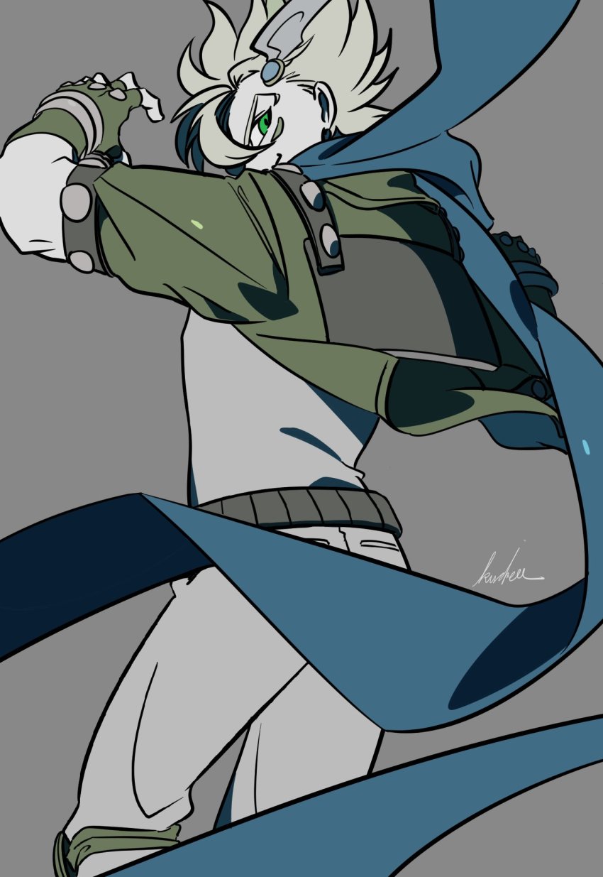 1boy alternate_color alternate_hair_color arm_up artist_name battle_tendency blue_scarf caesar_anthonio_zeppeli commentary facial_mark feather_hair_ornament feathers feet_out_of_frame fingerless_gloves floating_scarf from_behind gloves green_eyes green_gloves green_jacket grey_background feather_hair_ornament hand_up highres jacket jojo_no_kimyou_na_bouken knee_pads light_green_hair looking_back male_focus no_headband sakaikurinea scarf short_hair short_sleeves sideways_glance signature simple_background solo