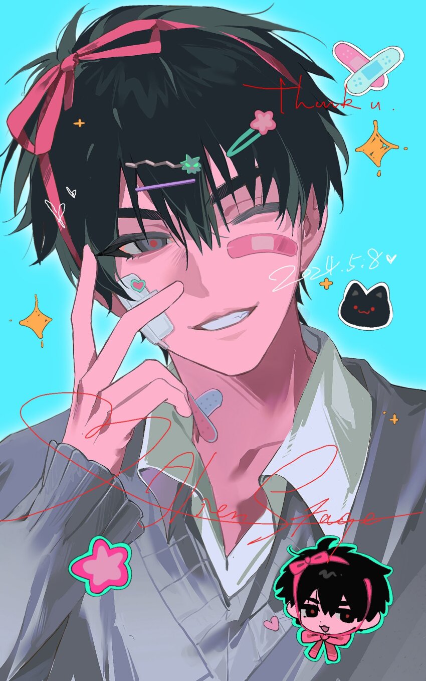 1boy alien_stage bandage_on_face bandages black_eyes black_hair blue_background chibi collared_shirt grey_sweater hair_ornament hair_ribbon highres ivan_(alien_stage) looking_to_the_side male_focus one_eye_closed paperclip paperclip_hair_ornament patch pink_ribbon red_pupils ribbon shirt short_hair simple_background smile solo star_(symbol) sweater westttt120 white_shirt