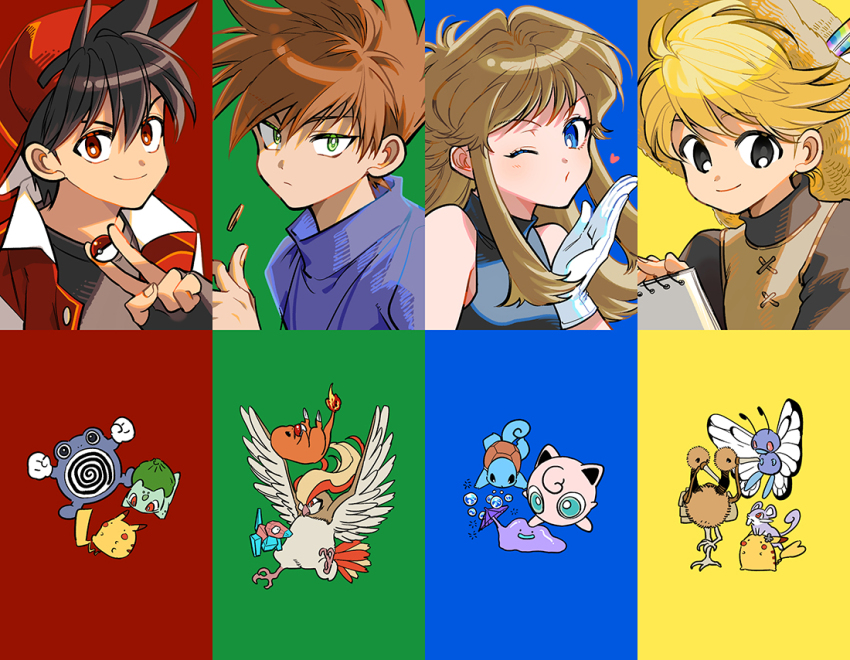 2boys 2girls black_gloves black_hair blonde_hair blowing_kiss blue_background blue_eyes blue_oak blunt_bangs brown_hair bulbasaur butterfree charmander creatures_(company) dandalian ditto doduo fingerless_gloves game_freak gen_1_pokemon gloves green_(pokemon) green_background green_eyes hat heart holding holding_poke_ball jigglypuff lone_nape_hair looking_at_viewer multiple_boys multiple_girls nintendo pidgeotto pikachu poke_ball pokemon pokemon_(creature) pokemon_adventures poliwhirl porygon rattata red_(pokemon) red_background red_eyes red_hat short_hair sidelocks smile squirtle upper_body white_gloves yellow_(pokemon) yellow_background