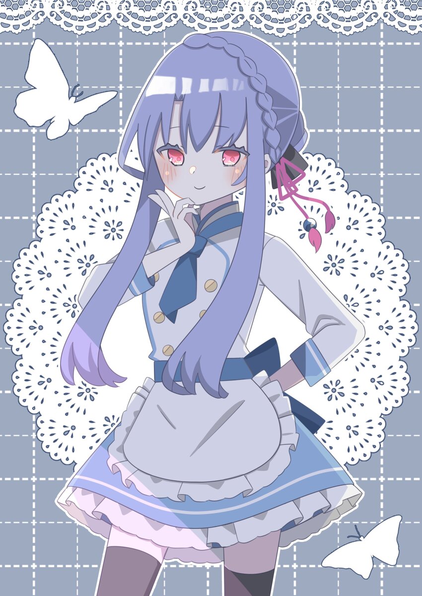 1girl 9ra4ki33 absurdres alternate_costume apron black_thighhighs blue_hair blue_necktie blue_skirt blush braid bug butterfly buttons closed_mouth commentary cowboy_shot crown_braid double-breasted enmaided frilled_apron frilled_skirt frills grey_background hair_between_eyes hair_bun hand_on_own_hip hand_up highres insect long_hair long_sleeves looking_at_viewer maid necktie outline red_eyes shirt sidelocks simple_background single_hair_bun skirt smile solo sorakado_ao summer_pockets thighhighs v very_long_hair waist_apron white_apron white_butterfly white_outline white_shirt zettai_ryouiki