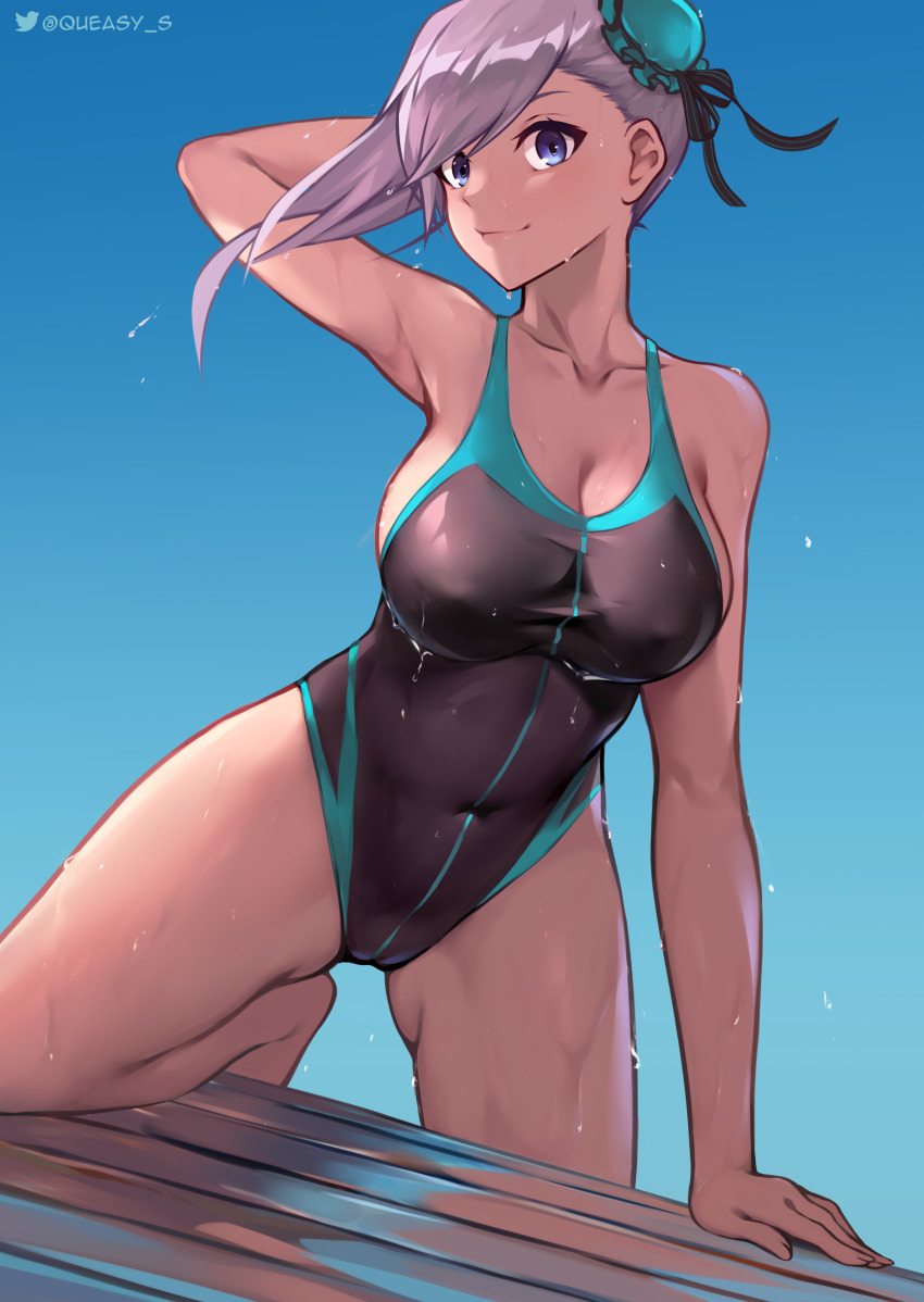 1girl absurdres arm_behind_head arm_support arm_up asymmetrical_hair bare_arms blue_eyes breasts bun_cover cameltoe cleavage collarbone competition_swimsuit covered_erect_nipples covered_navel dutch_angle fate/grand_order fate_(series) grey_hair hair_bun highres large_breasts leaning_forward leg_support looking_to_the_side miyamoto_musashi_(fate) miyamoto_musashi_(fate/grand_order) miyamoto_musashi_(swimsuit_berserker)_(fate) miyamoto_musashi_(swimsuit_berserker)_(first_ascension)_(fate) one-piece_swimsuit queasy_s single_side_bun sky smile solo standing swimsuit twitter_logo twitter_username two-tone_swimsuit wet wet_clothes wet_swimsuit