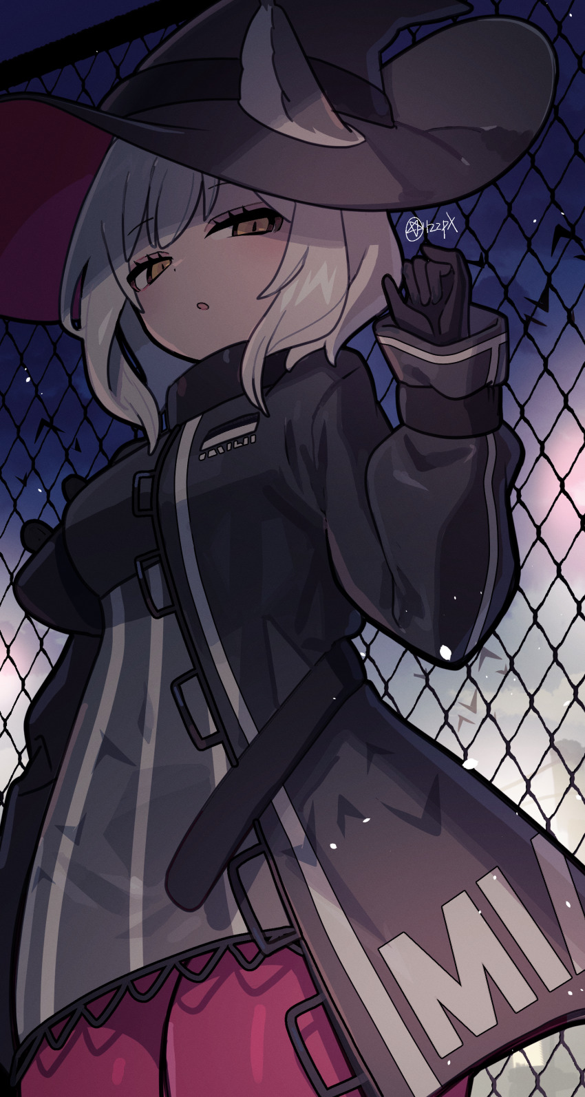 122pxsheol 1girl absurdres animal_ears arknights artist_name black_dress black_gloves black_hat black_jacket breasts cat_ears cat_girl chain-link_fence cowboy_shot dress ears_through_headwear fence gloves half-closed_eyes hand_up hat haze_(arknights) highres jacket light_brown_hair long_hair long_sleeves looking_at_viewer night night_sky open_clothes open_jacket outdoors pantyhose parted_lips red_pantyhose sky small_breasts solo thighs witch_hat yellow_eyes