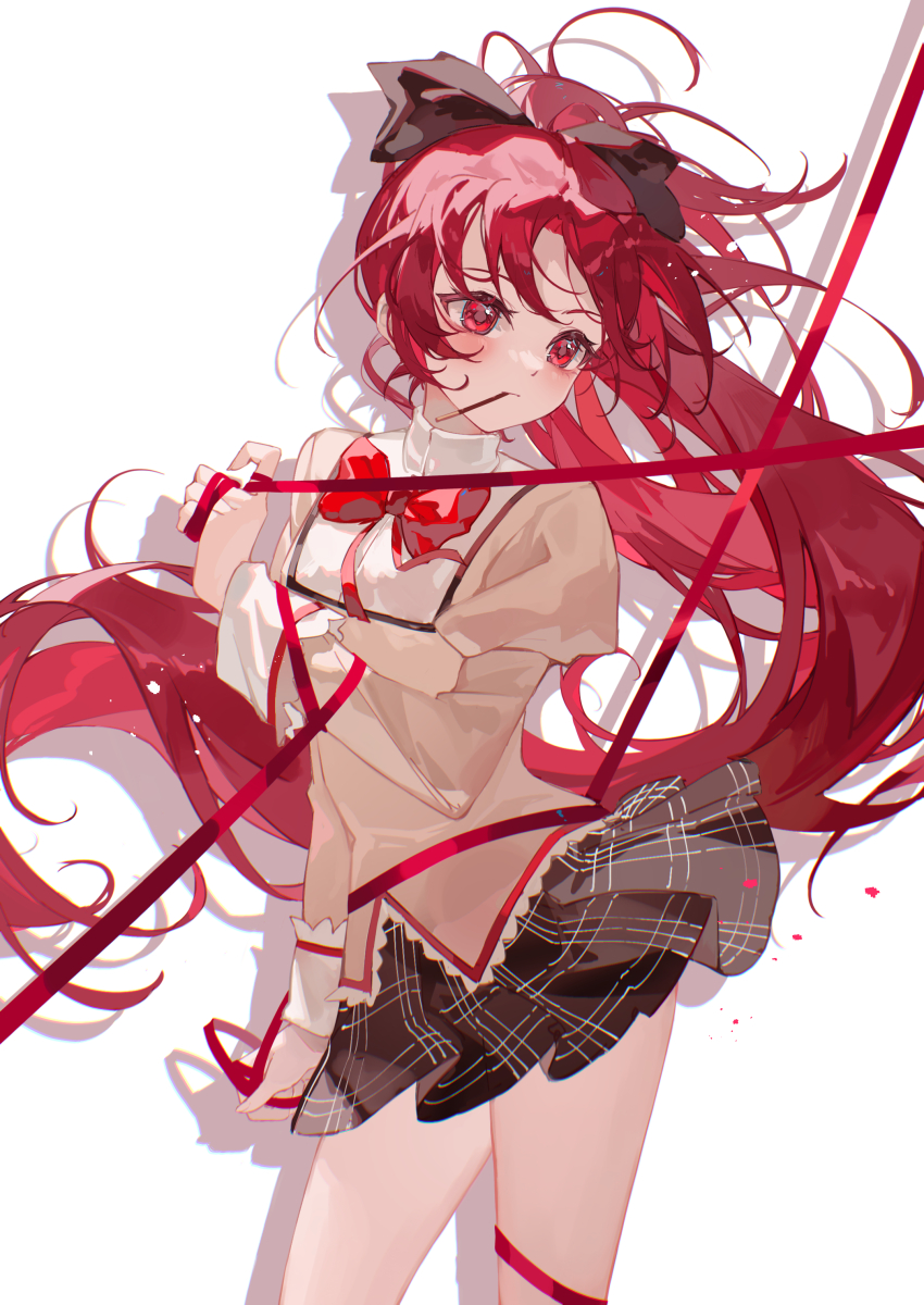 1girl absurdres black_bow black_skirt blush bow bowtie closed_mouth commentary_request cowboy_shot food food_in_mouth hair_bow highres holding holding_ribbon juliet_sleeves lixiang_guo_alice long_hair long_sleeves looking_to_the_side mahou_shoujo_madoka_magica mitakihara_school_uniform plaid_clothes plaid_skirt pocky ponytail puffy_sleeves red_bow red_bowtie red_eyes red_hair red_ribbon ribbon sakura_kyoko school_uniform shirt skirt solo standing very_long_hair white_background yellow_shirt