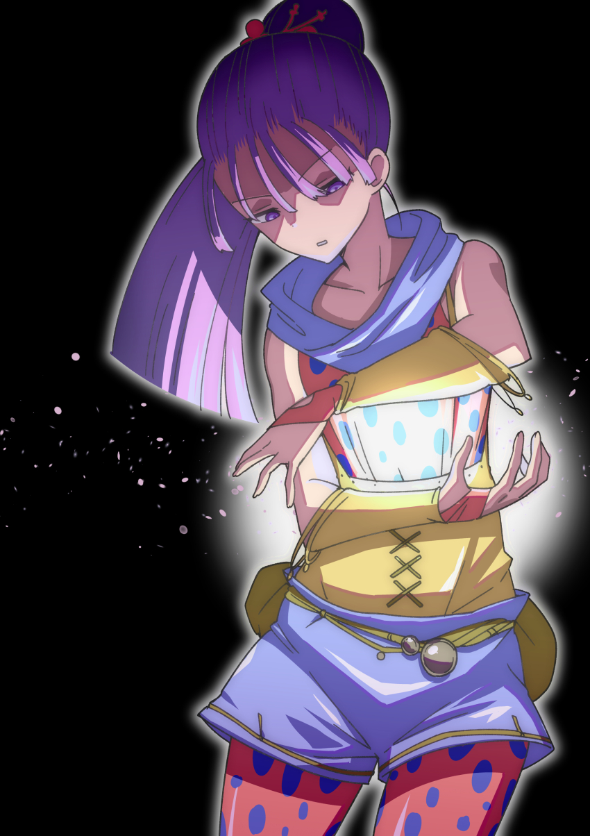 1girl absurdres black_background character_request collarbone highres lennus long_hair ponytail purple_hair shorts solo tagme toku_sonchou