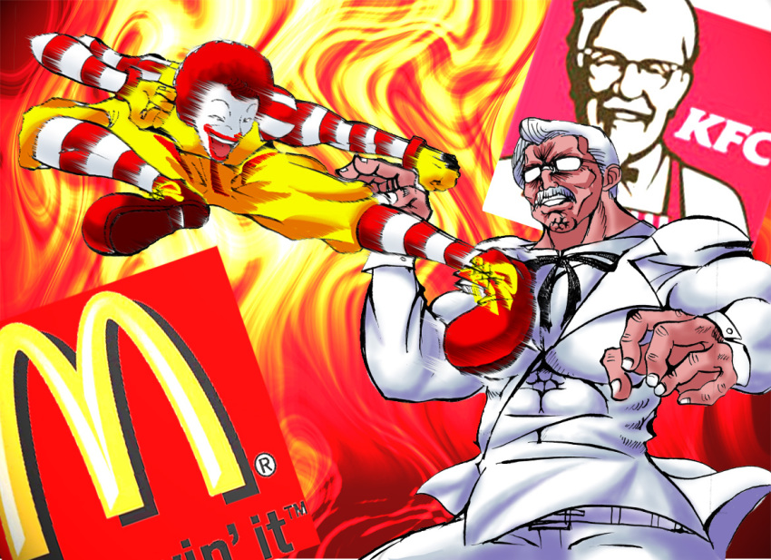 bad_id bad_pixiv_id belt clenched_teeth colonel_sanders facial_hair fighting_stance fire flying_kick formal_clothes glasses kfc kicking lipstick logo makeup mcdonald&#039;s muscular mustache necktie open_mouth red_footwear red_hair red_nose ronald_mcdonald shoes socks striped_clothes striped_legwear striped_socks suit teeth warugaki_(sk-ii) white_hair white_suit