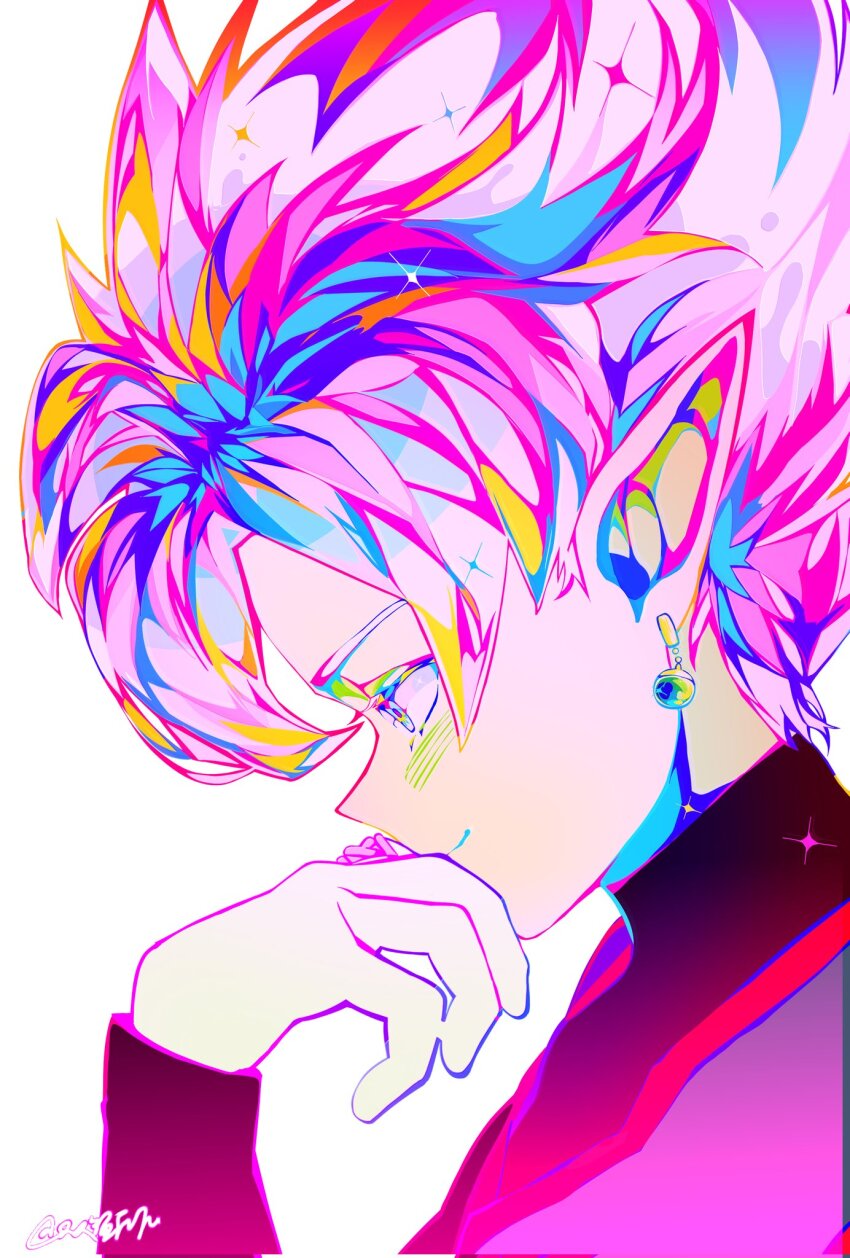 1boy bad_id bad_twitter_id black_bodysuit bodysuit colored_skin dragon_ball dragon_ball_super earrings from_side fused_zamasu green_skin grey_eyes hand_on_own_face highres jewelry long_sleeves looking_down pointy_ears potara_earrings ring sffuju smile solo spiked_hair white_hair