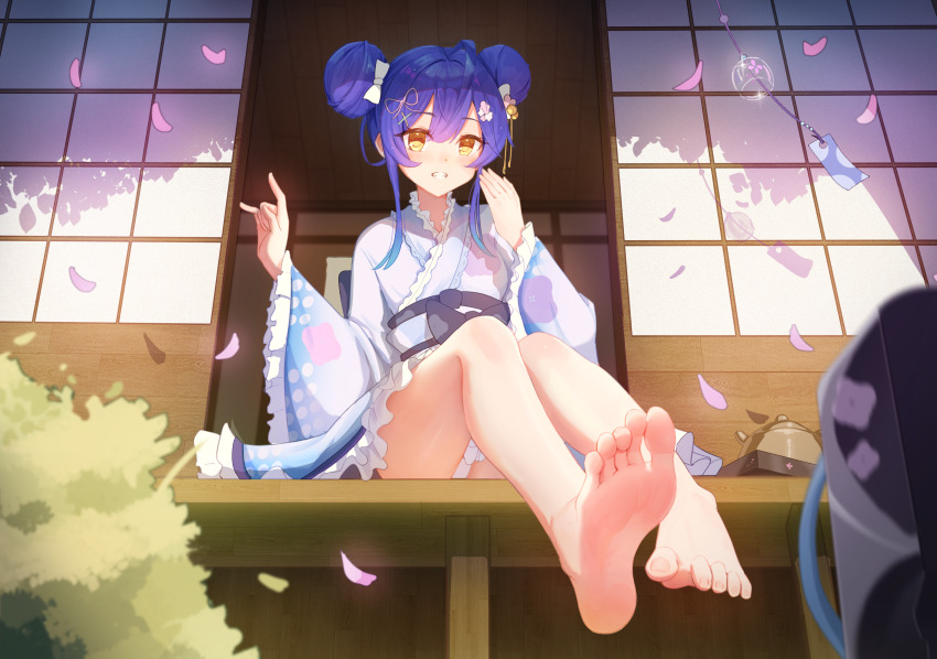 1girl absurdres amamiya_kokoro architecture bare_legs barefoot blue_hair blue_kimono blurry blurry_foreground blush border bow breasts doorway double-parted_bangs double_bun east_asian_architecture eyelashes falling_petals feet floral_print floral_print_kimono foot_focus foreshortening frilled_kimono frills full_body gradient_clothes gradient_kimono hair_between_eyes hair_bow hair_bun hair_ornament hands_up highres japanese_clothes kimono knees_together_feet_apart legs looking_at_viewer nijisanji obi obijime outdoors panties petals print_kimono purple_kimono sandals sash shadow sidelocks sitting small_breasts smile soles solo taichi_suzuki teeth thighs toenails toes underwear unworn_sandals virtual_youtuber white_border white_panties wide_sleeves wind_chime x_hair_ornament yellow_eyes