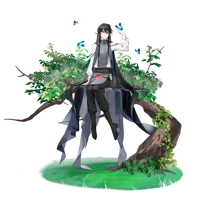 1boy :&lt; absurdres animal animal_on_lap arm_support bare_shoulders belt_pouch black_boots black_cape black_eyes black_pants black_sash blue_butterfly boots bug butterfly butterfly_on_hand cape clothing_cutout full_body grass grey_robe hair_between_eyes hand_up hh9903 highres in_tree insect knees_together_feet_apart korean_commentary long_hair long_sleeves looking_at_animal looking_up male_focus on_lap original pants pants_tucked_in parted_lips plant pointy_ears pouch robe sash scroll shoulder_cutout sitting sitting_in_tree solo stole sweater_guard tree two-tone_robe very_long_hair vines waist_sash white_background white_robe