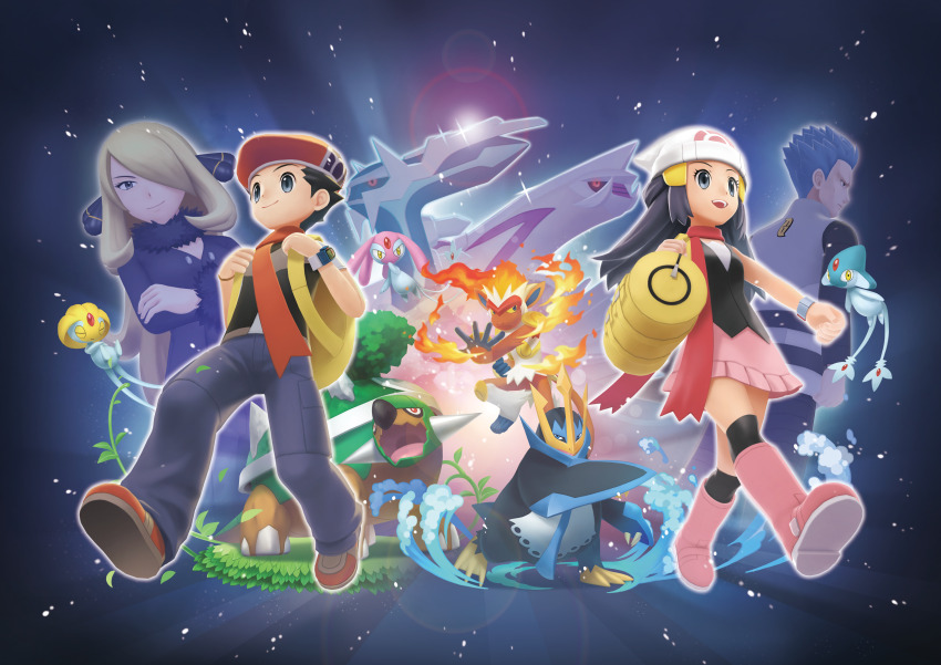 2boys 2girls absurdres artist_request azelf backpack bag beanie black_hair black_sclera black_shirt black_socks blonde_hair blue_eyes blue_hair blue_pants boots closed_mouth colored_sclera crossed_arms cynthia_(pokemon) cyrus_(pokemon) dawn_(pokemon) denim dialga empoleon fire floating forehead_jewel fur_trim gen_4_pokemon grass grey_eyes hair_over_one_eye hat highres infernape jeans legendary_pokemon lens_flare long_hair lucas_(pokemon) mesprit multiple_boys multiple_girls night night_sky nintendo official_art open_mouth outline palkia pants pink_boots pink_skirt pokemon pokemon_(creature) pokemon_bdsp poketch red_eyes red_footwear red_hat red_scarf scarf second-party_source shirt shoes short_hair shoulder_bag skirt sky smile socks sparkle spiked_hair star_(sky) starter_pokemon_trio team_galactic team_galactic_logo teeth torterra upper_teeth_only uxie very_short_hair watch water white_hat white_outline wristwatch yellow_bag yellow_eyes yellow_sclera