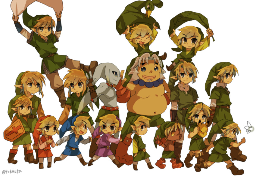 6+boys blue_hat blue_tunic boots brown_footwear brown_gloves brown_hair commentary_request deku_link deku_scrub ezlo fairy fingerless_gloves from_side gloves goron goron_link green_hat green_tunic hat holding holding_mask holding_shield in-franchise_crossover keaton_mask link long_sleeves looking_at_viewer mask multiple_boys multiple_persona nintendo purple_hat purple_tunic red_hat red_tunic sailcloth_(zelda) shield short_sleeves simple_background the_legend_of_zelda the_legend_of_zelda:_four_swords the_legend_of_zelda:_majora&#039;s_mask the_legend_of_zelda:_ocarina_of_time the_legend_of_zelda:_skyward_sword the_legend_of_zelda:_the_minish_cap the_legend_of_zelda:_the_wind_waker the_legend_of_zelda:_twilight_princess the_legend_of_zelda_(nes) tokuura toon_link tunic twitter_username w white_background young_link zora zora_link