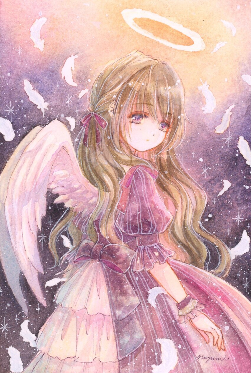 1girl bird_wings brown_hair dress feathers from_side halloween halo highres long_hair looking_at_viewer nazumi_shiho original purple_background purple_dress purple_eyes solo wings