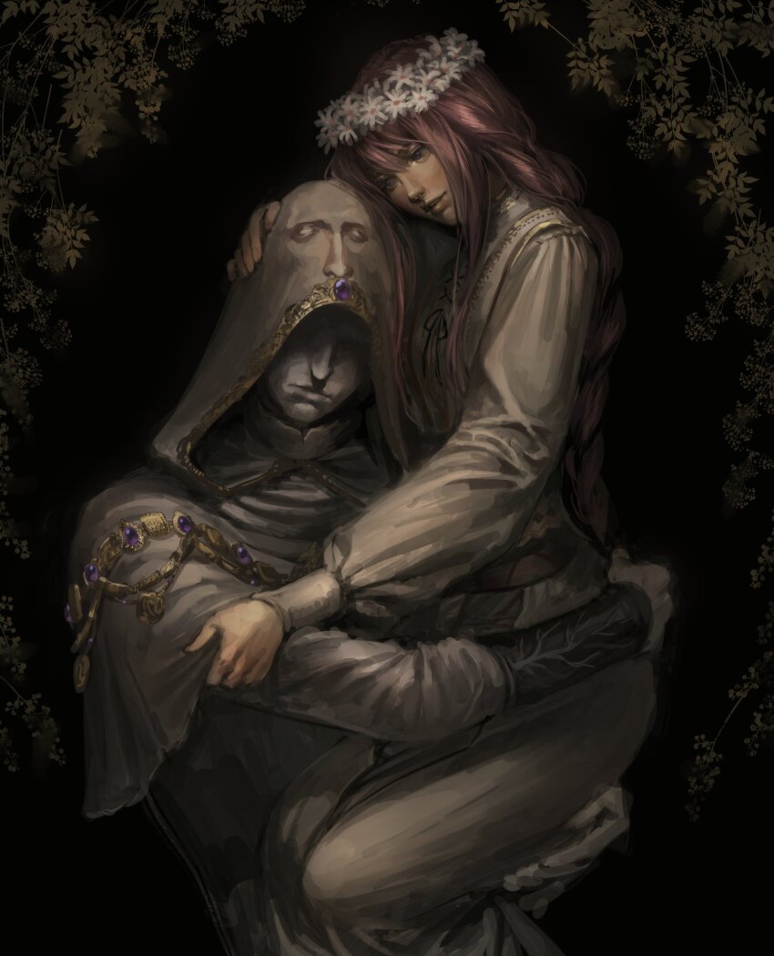 1boy 1girl absurdres black_background carrying carrying_person colored_skin commentary dress elden_ring gem godskin_apostle gold_trim grey_eyes grey_skin hair_between_eyes hanny_(uirusu_chan) head_wreath highres hood_over_eyes hooded_robe jewelry long_hair long_sleeves oc_x_canon parted_lips partially_shaded_face pink_hair purple_gemstone robe sidelocks tarnished_(elden_ring) upper_body white_dress