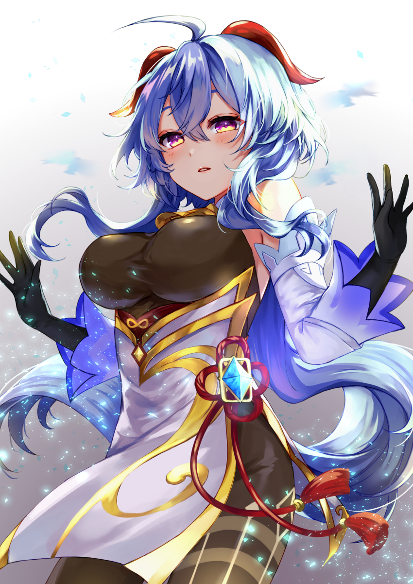 1girl ahoge bare_shoulders bell black_gloves black_pantyhose blue_hair blush breasts chinese_knot commentary cowbell detached_sleeves flower_knot ganyu_(genshin_impact) genshin_impact gloves gold_trim half-closed_eyes hands_up highres horns hoshimori_mei jewelry long_hair long_sleeves medium_breasts neck_bell pantyhose purple_eyes revision sidelocks solo tassel thighlet very_long_hair vision_(genshin_impact) white_sleeves wide_sleeves