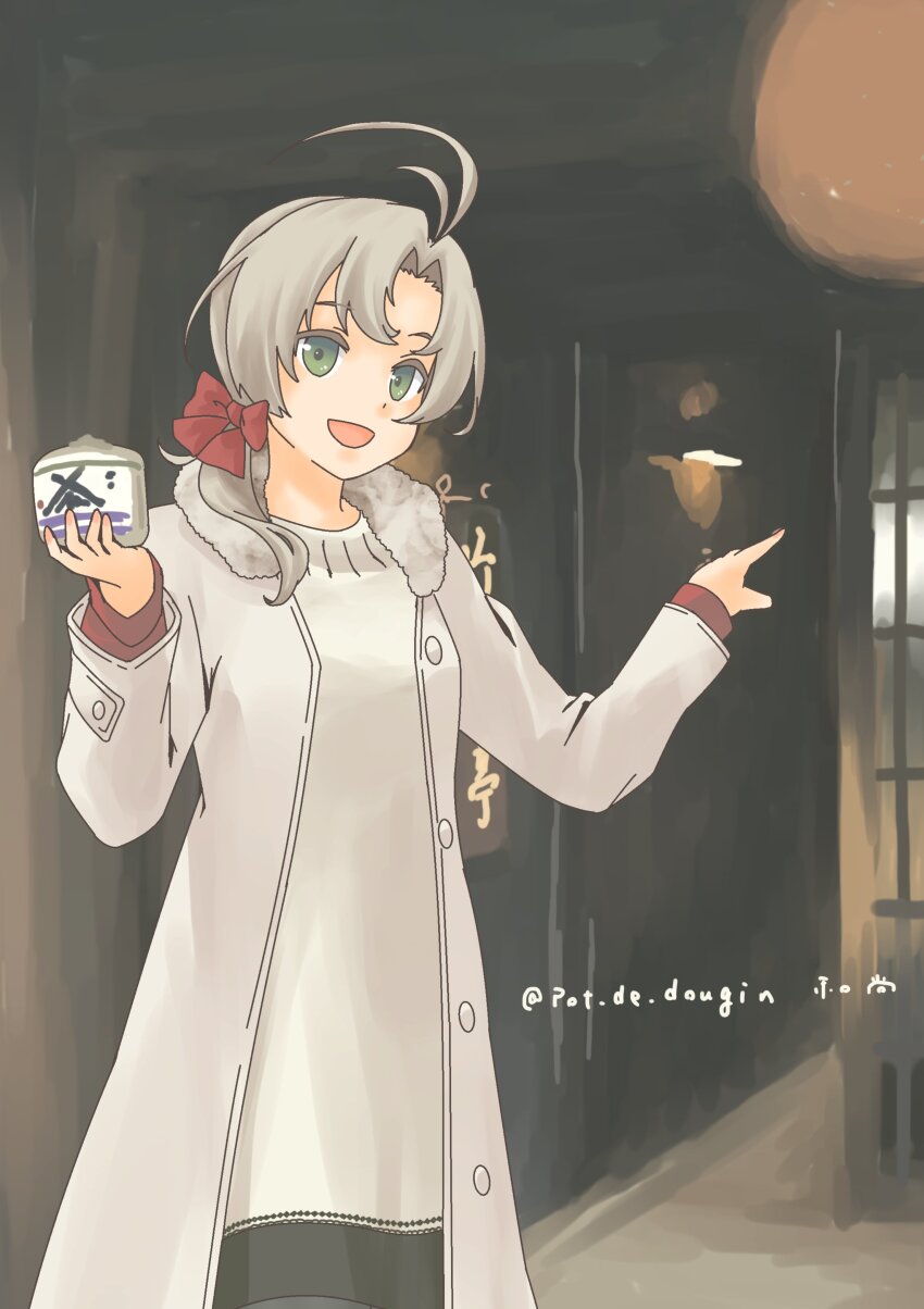 1girl absurdres antenna_hair bow bowtie coat dress fur-trimmed_coat fur_trim green_eyes grey_hair hair_bow hair_over_shoulder highres jar kantai_collection kinugasa_(kancolle) kinugasa_kai_ni_(christmas)_(kancolle) kinugasa_kai_ni_(kancolle) long_hair official_alternate_costume pot-de red_bow red_bowtie smile solo sweater sweater_dress twitter_username white_coat white_dress white_sweater