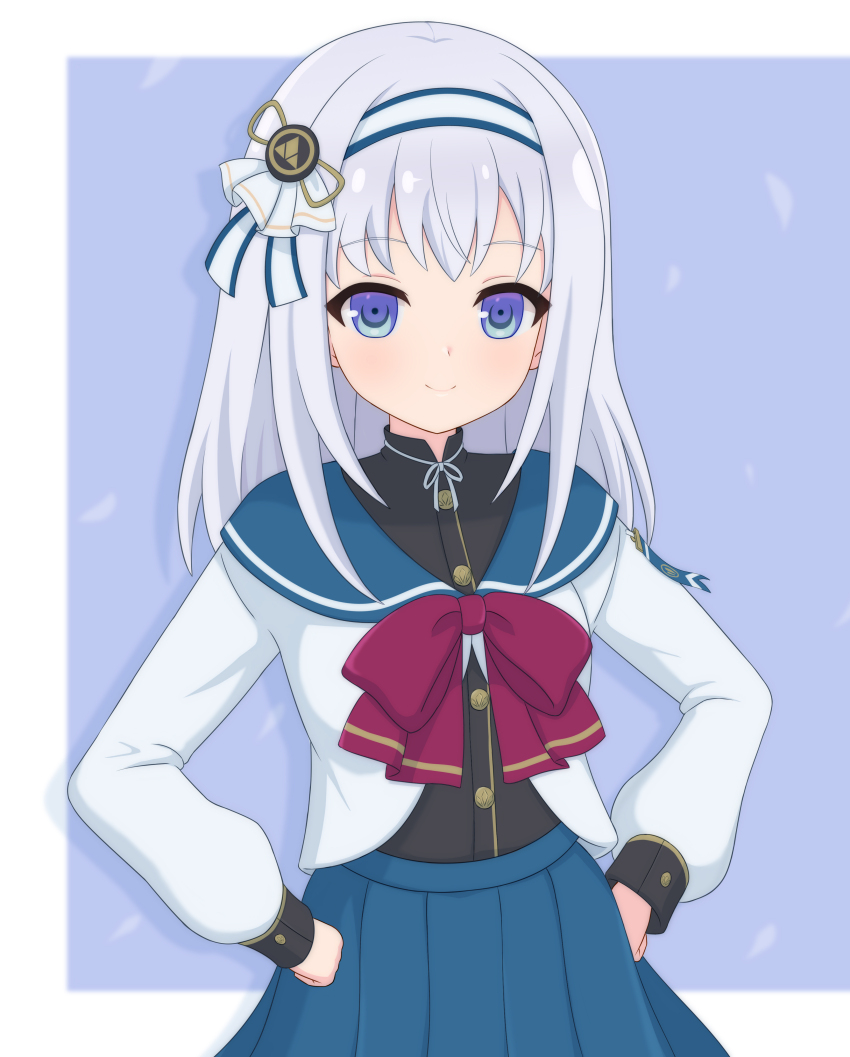1girl absurdres assault_lily black_shirt blue_background blue_hairband blue_sailor_collar blue_skirt border bow bowtie breasts closed_mouth commentary_request cowboy_shot grey_hair grey_ribbon hair_ribbon hairband hands_on_own_hips haniwa_(kiminozorazio) herensuge_girls_academy_school_uniform high-waist_skirt highres light_blush long_hair long_sleeves looking_at_viewer medium_breasts neck_ribbon outside_border pleated_skirt purple_eyes red_bow red_bowtie ribbon sailor_collar school_uniform serafuku shirt simple_background skirt smile solo standing tsuboi_nanaho two-tone_hairband white_border white_hairband white_ribbon white_shirt