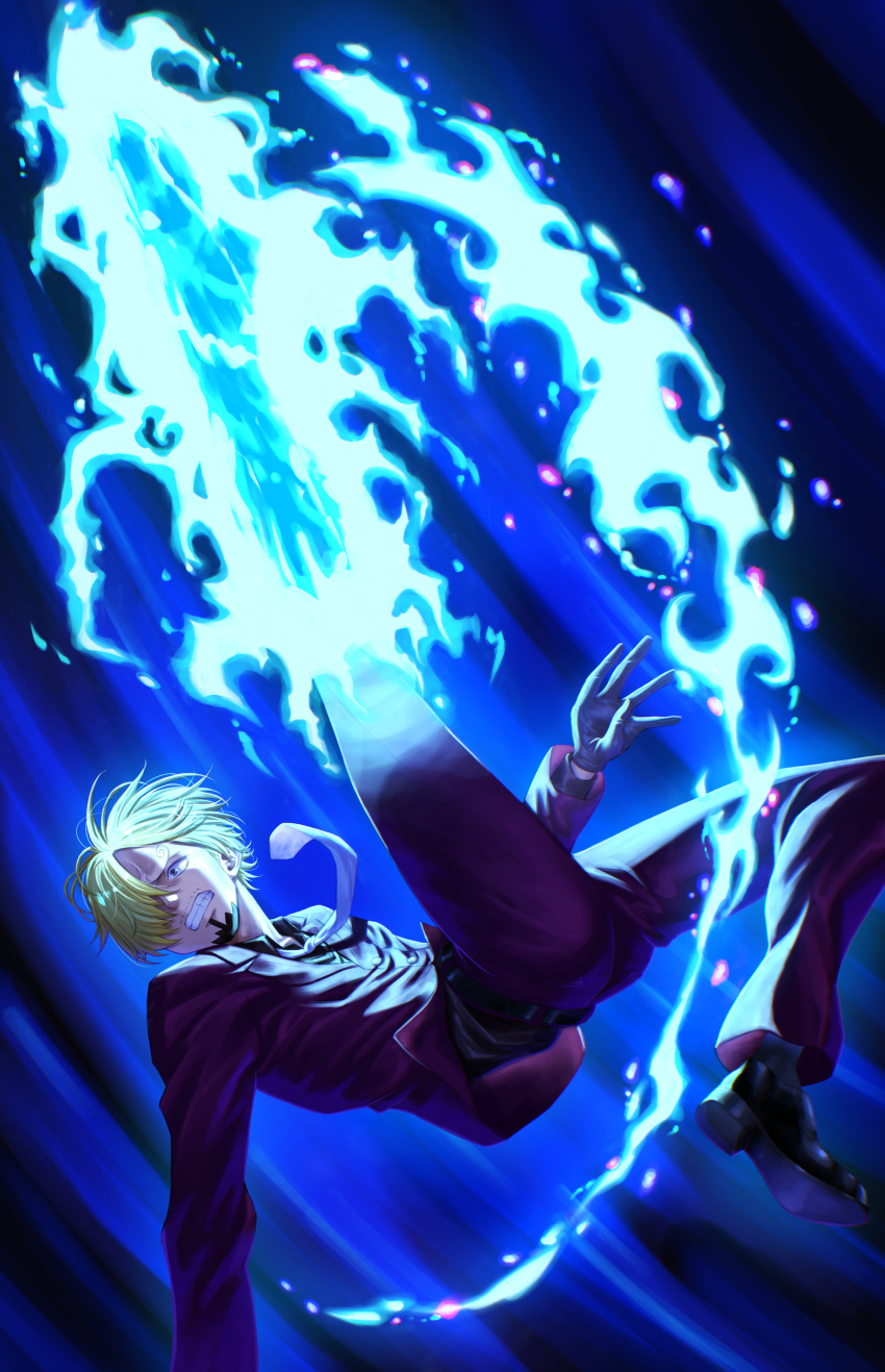 1boy absurdres beard black_gloves blonde_hair blue_fire clenched_teeth curly_eyebrows facial_hair fire flaming_leg formal_clothes full_body gloves hair_over_one_eye highres ifrit_jambe jacket leg_up male_focus mary_is_mine medium_hair midair one_piece pants red_jacket red_pants red_suit sanji_(one_piece) solo suit teeth