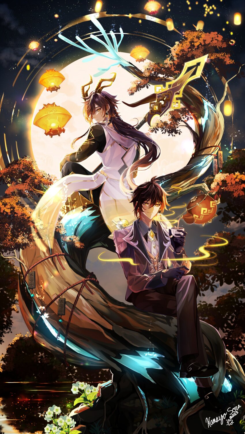 2boys branch dragon_horns full_moon genshin_impact holding holding_weapon horns lantern long_hair moon multiple_boys night night_sky official_alternate_costume rex_lapis_(genshin_impact) sky solo_focus sorahanayo twitter vortex_vanquisher_(genshin_impact) water weapon zhongli_(archon)_(genshin_impact) zhongli_(genshin_impact)