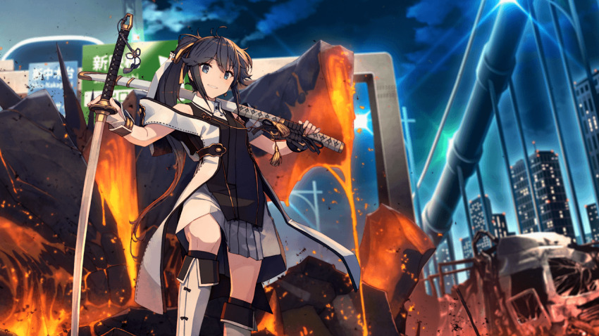 1girl aratama_(toji_no_miko) asymmetrical_footwear black_dress black_hair blue_eyes boots bridge broken building car cityscape collared_dress dress game_cg holding holding_sheath holding_sword holding_weapon katana knee_boots long_hair looking_at_viewer motor_vehicle night non-web_source official_alternate_costume official_art outdoors ponytail sheath sidelocks sky skyscraper smile solo standing sword toji_no_miko toji_no_miko:_kizamishi_issen_no_tomoshibi uneven_footwear very_long_hair weapon white_boots yamashiro_yui