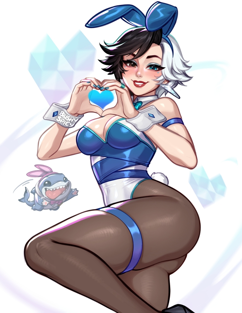 1girl animal_ears artist_name black_hair blue_eyes blushyspicy breasts brown_pantyhose cleavage fake_animal_ears fake_tail heart heart_hands highres jeff_(marvel) leotard lipstick looking_at_viewer luna_snow makeup marvel marvel_rivals medium_breasts pantyhose playboy_bunny rabbit_ears rabbit_tail red_eyes red_lips shark short_hair smile solo standing standing_on_one_leg tail teeth very_short_hair white_hair