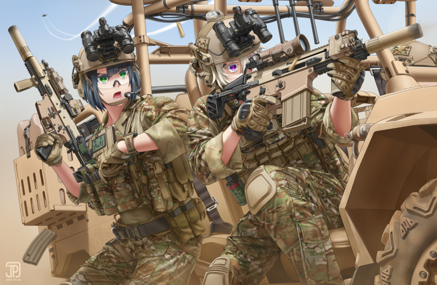 2girls aiming aircraft airplane assault_rifle belt belt_pouch black_hair boots camouflage camouflage_jacket camouflage_pants combat_helmet commentary contrail desert_camouflage english_commentary fast_helmet fighter_jet firing gloves green_eyes gun headset helmet highres holding holding_weapon jacket jpc load_bearing_vest magazine_(weapon) military military_combat_uniform military_uniform military_vehicle multiple_girls original pants pouch purple_eyes reloading rifle safety_glasses scar_l scope shell_casing suppressor tactical_clothes trigger_discipline vehicle_request weapon white_hair