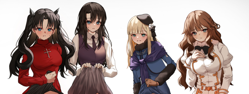 4girls black_bow black_bowtie black_hair black_hat black_necktie blonde_hair blue_jacket blush bow bowtie breasts brown_gloves brown_hair bureoeve clothes_lift collared_shirt covered_collarbone fate/grand_order fate_(series) fiore_forvedge_yggdmillennia flower fur_collar gloves grey_flower grin hair_flower hair_ornament hat highres jacket kokutou_azaka large_breasts long_hair looking_at_viewer lord_el-melloi_ii_case_files multiple_girls necktie reines_el-melloi_archisorte shirt simple_background skirt skirt_lift smile sweatdrop teeth tohsaka_rin white_background