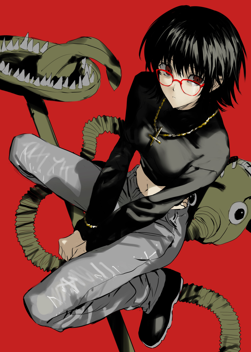 1girl 1other absurdres black_footwear black_hair black_sweater blinky_(hunter_x_hunter) bracelet breasts brown_eyes crop_top cross denim expressionless gold_bracelet gold_necklace grey_pants highres hunter_x_hunter inverted_cross jeans jewelry looking_at_viewer medium_breasts medium_hair navel necklace pants red-framed_eyewear red_background satou_koromi shizuku_murasaki sweater