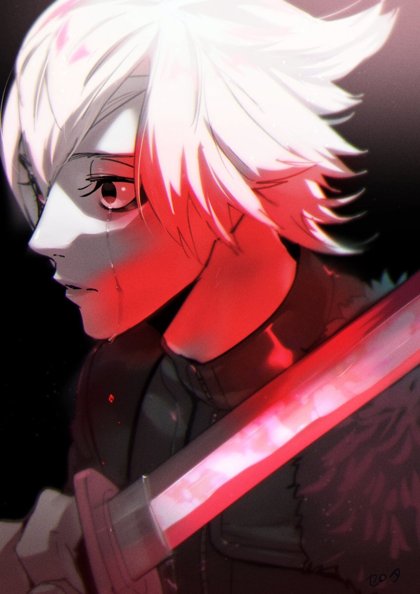 1boy black_background character_request check_character collared_shirt crying crying_with_eyes_open flipped_hair fur_trim hand_up highres holding holding_sword holding_weapon looking_away male_focus nansen_ichimonji pale_skin red_eyes red_theme serota sheath shirt simple_background solo streaming_tears sword tears touken_ranbu unsheathing upper_body weapon white_hair