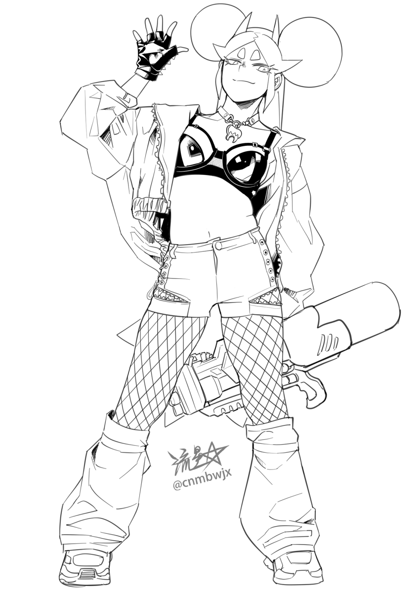 1girl bra breasts commentary contrapposto double_bun fingerless_gloves fishnet_pantyhose fishnets full_body gloves hair_bun highres holding holding_water_gun horns jacket long_hair loose_socks monochrome navel original pantyhose ryuusei_(mark_ii) shoes short_shorts shorts shrimball_(ryuusei_(mark_ii)) signature small_breasts smile sneakers socks solo swimsuit thick_eyebrows twitter_username underwear very_long_hair water_gun waving